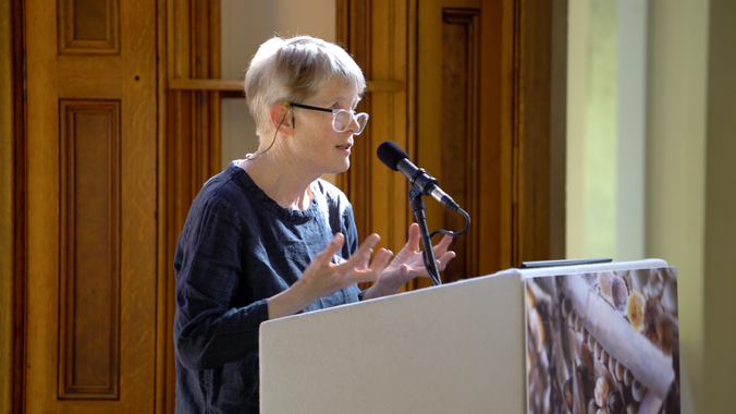 Dr Sarah Lloyd presents her paper at the Symposium, A la Ronde, Devon.